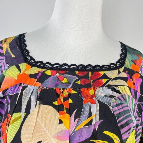 $398 NWOT Johnny Was Embroidery Lace Silk Floral Tie Mini Dress Oversize XS
